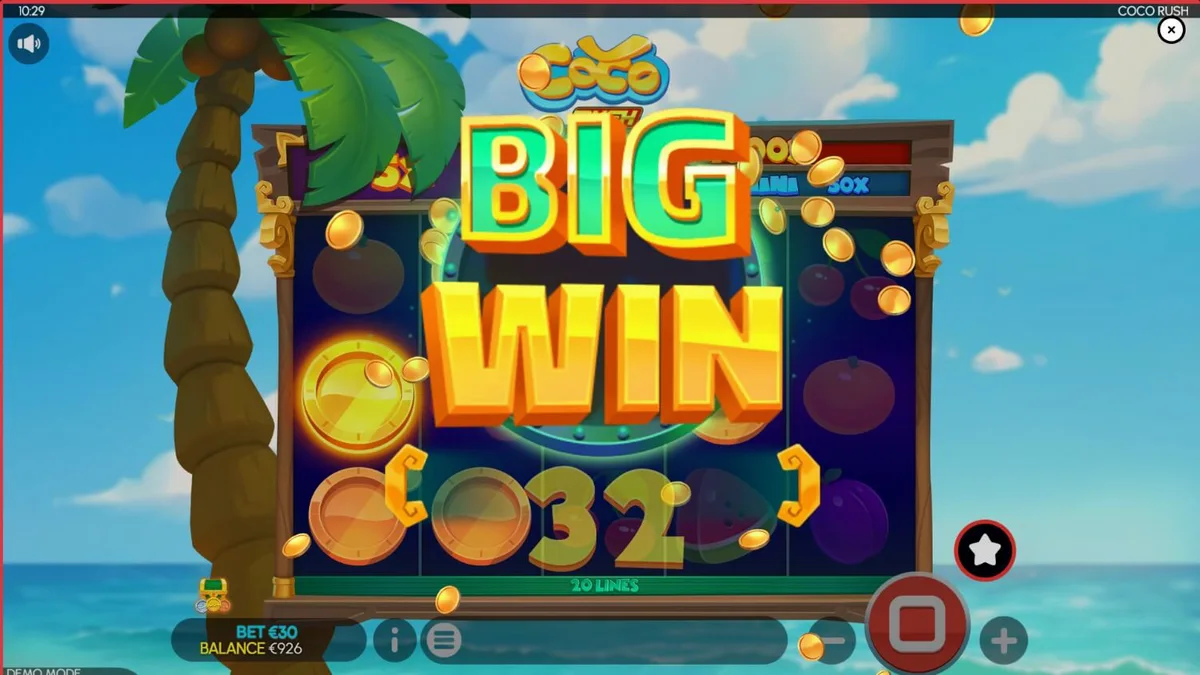 Coco Rush স্লট গেমের গ্রীষ্মমন্ডলীয় দ্বীপের দৃশ্য